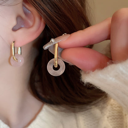 Gold Plated Green Jade/ Rose Quartz Hoop Earrings