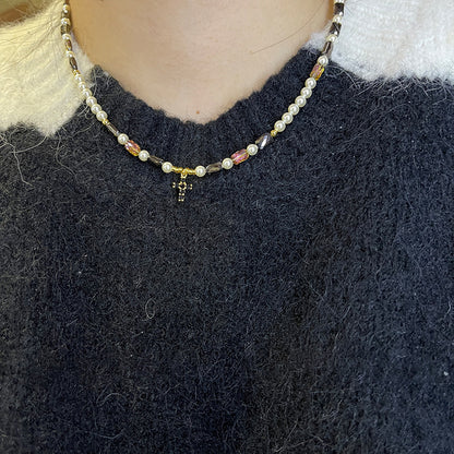 Cross Pearl Charm Beaded Choker Necklace