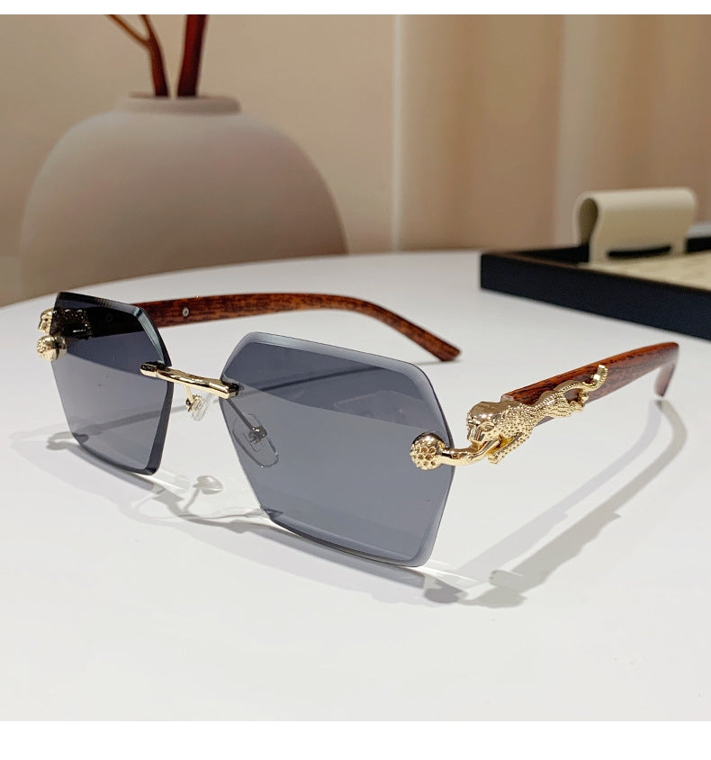 Fashion Jaguar Wooden Frame Rimless Sunglasses Unisex