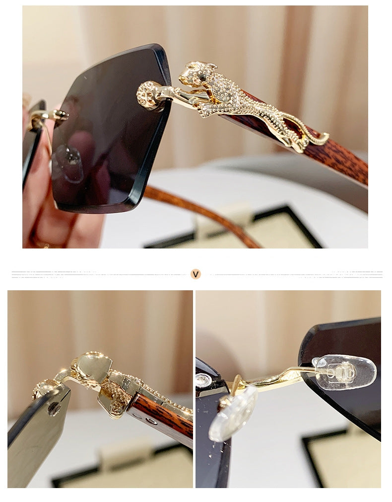 Fashion Jaguar Wooden Frame Rimless Sunglasses Unisex