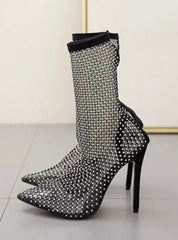 Diamond Fishnet Point Stiletto Heel Boots Fashion Party Shoes