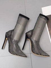 Diamond Fishnet Point Stiletto Heel Boots Fashion Party Shoes