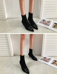 Square Buckle Pointed Ankle Low Heel Boots Shoes