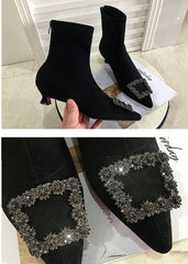 Square Buckle Pointed Ankle Low Heel Boots Shoes