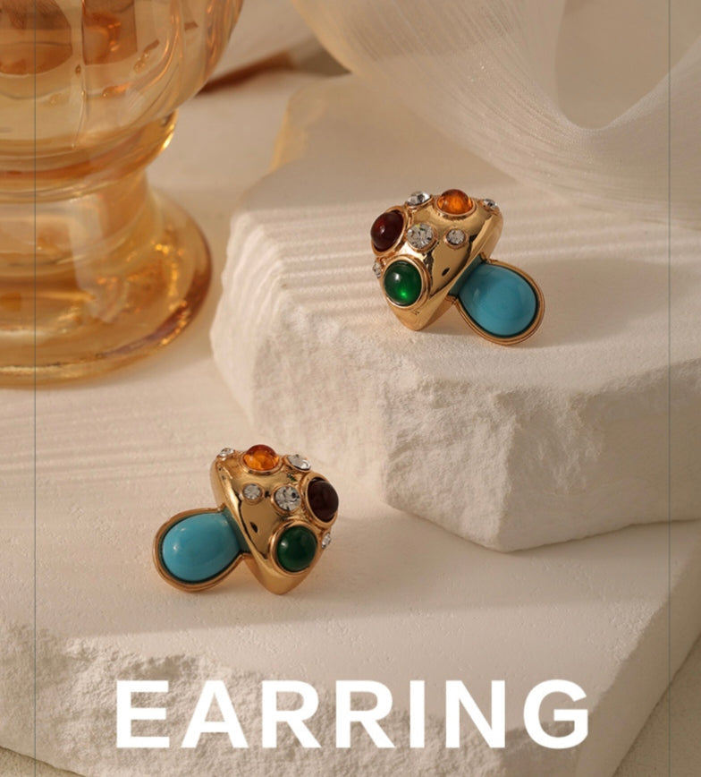 Turquoise Cubic Zirconia Mashroom Studs Earrings 18K Gold Plated