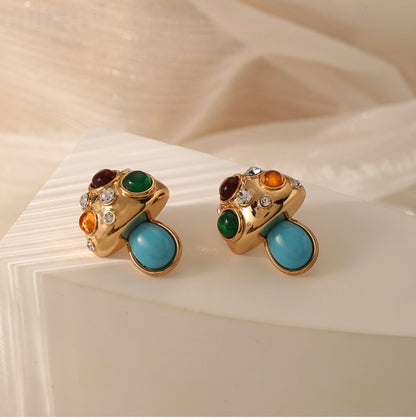 Turquoise Cubic Zirconia Mashroom Studs Earrings 18K Gold Plated