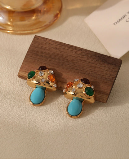 Turquoise Cubic Zirconia Mashroom Studs Earrings 18K Gold Plated