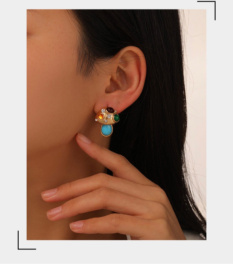 Turquoise Cubic Zirconia Mashroom Studs Earrings 18K Gold Plated