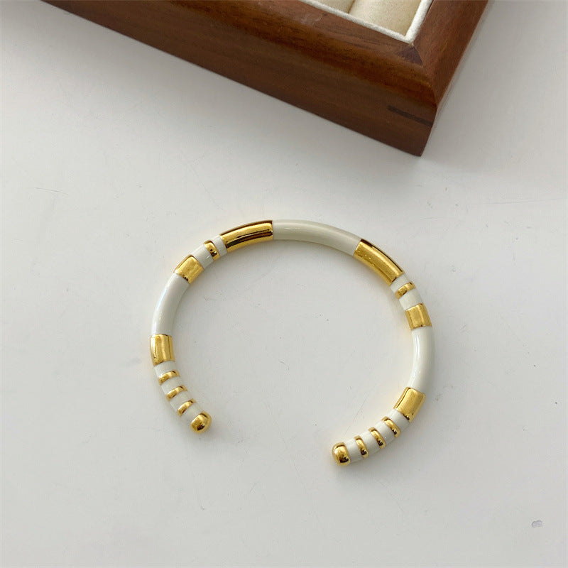 French Niche luxury Enamel Cuff Bangle 18K Gold Plated