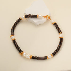 24k Gold Plated Coconut Beads with Freshwater Pearl Necklace