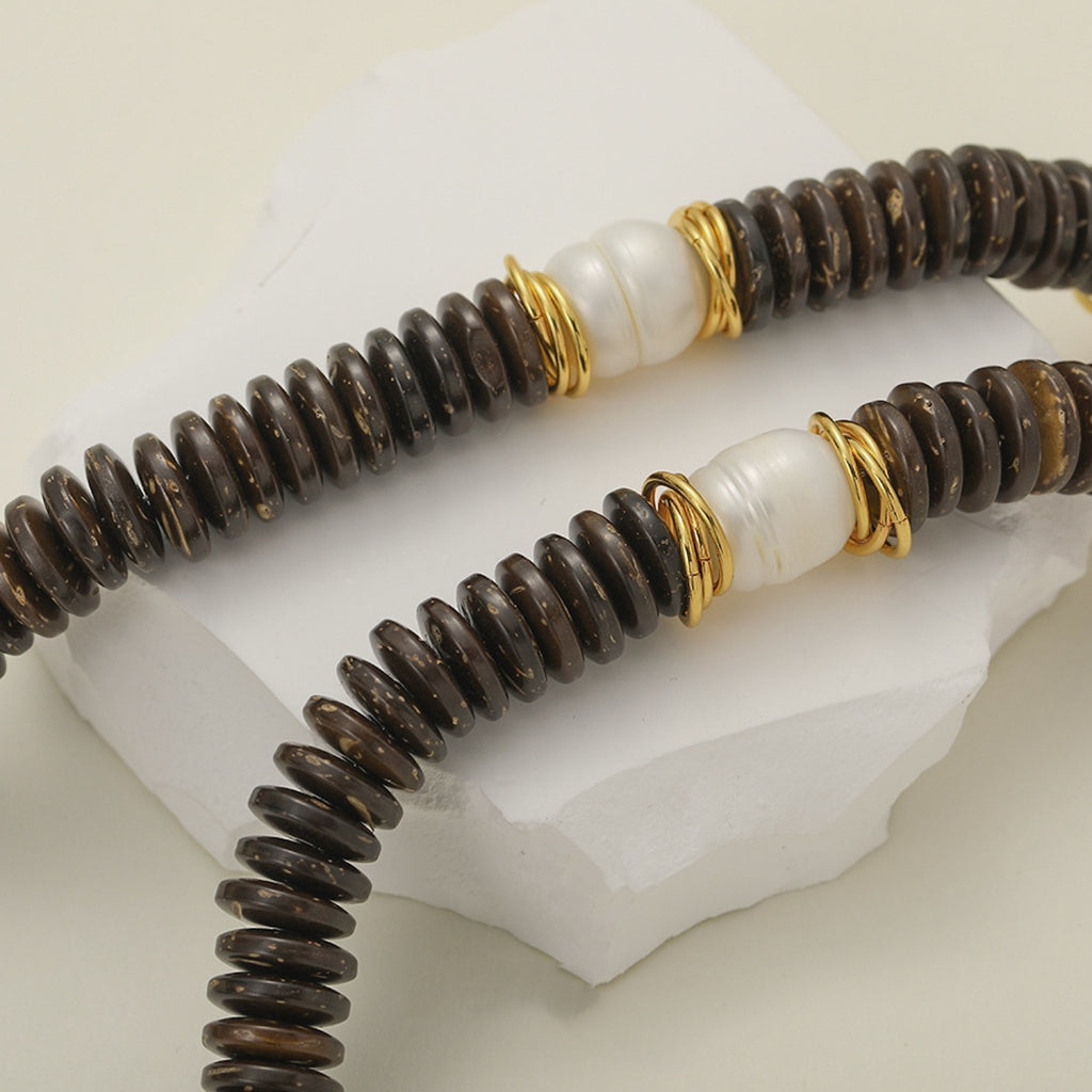 24k Gold Plated Coconut Beads with Freshwater Pearl Necklace