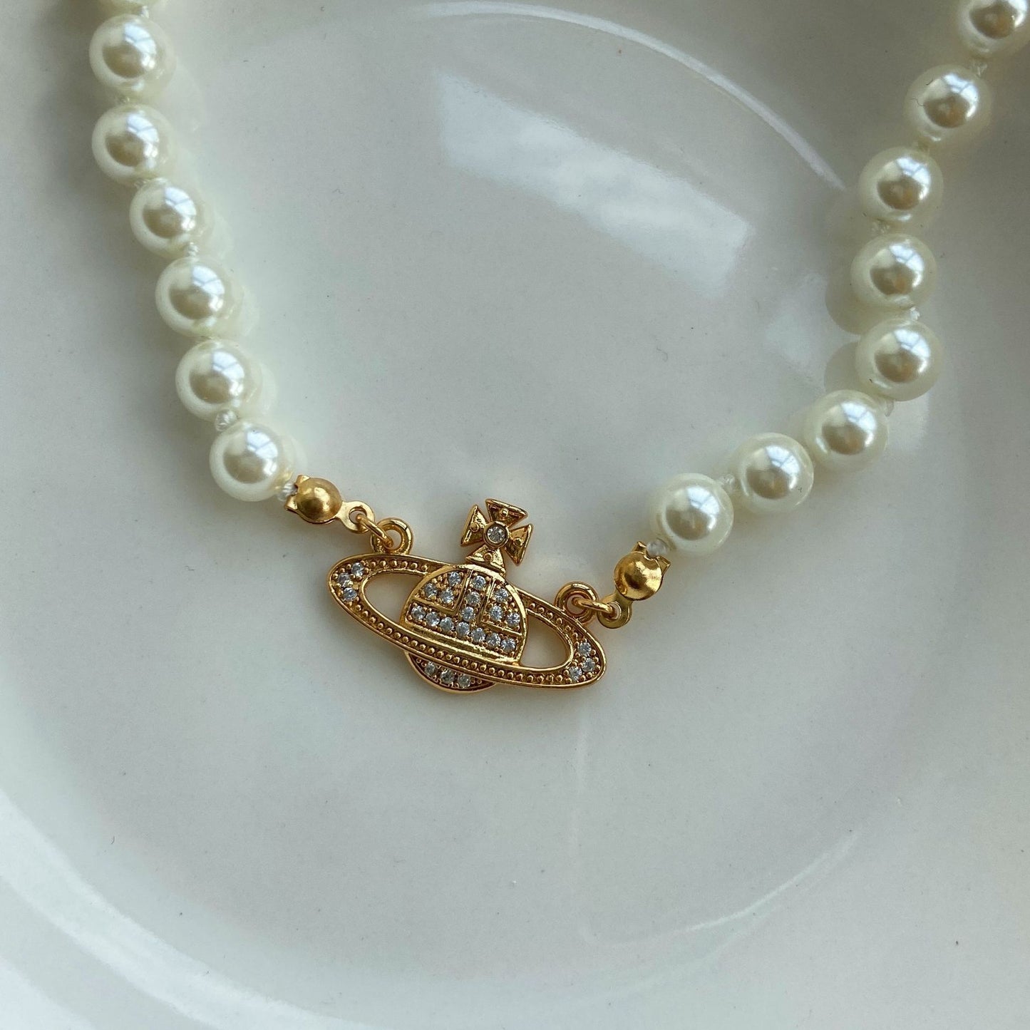 18k Gold Plated Saturn Pearl Necklace/ Pearl Choker