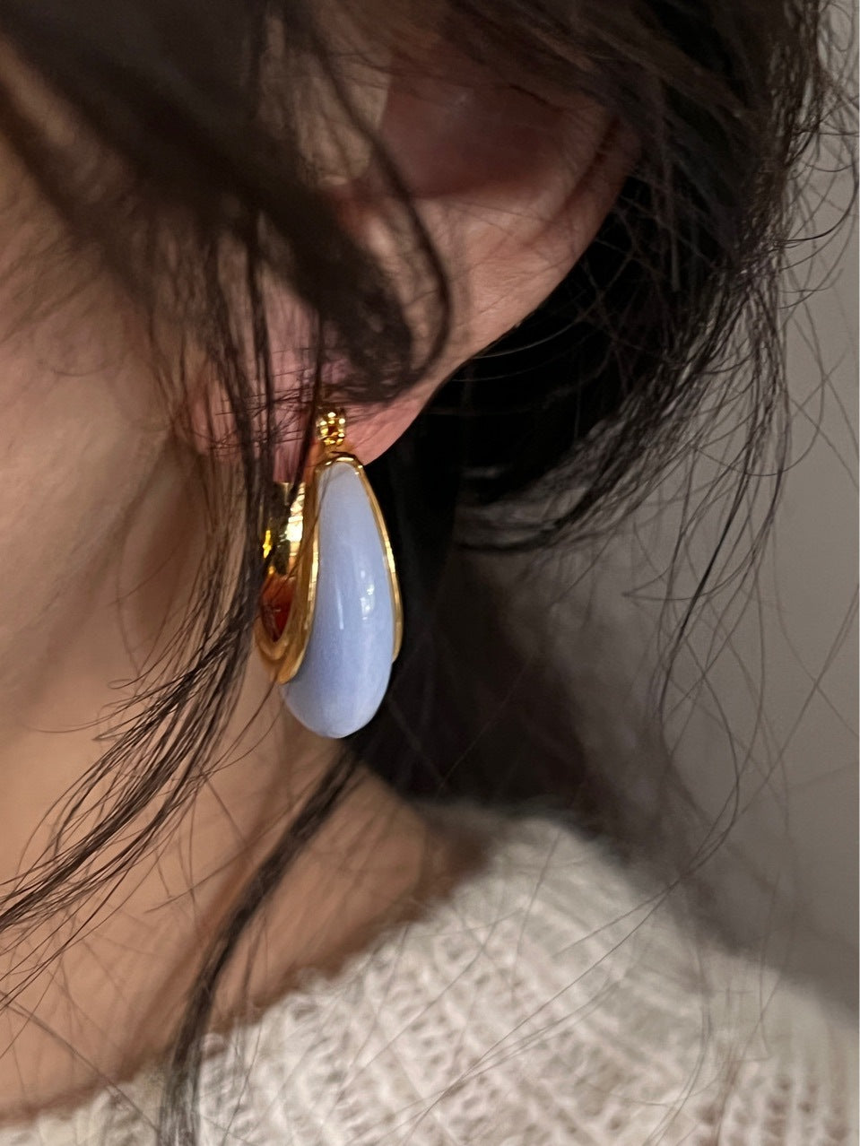 Creamy Denim Light Blue Oval Shaped Hoop Earrings 18k Gold Plated