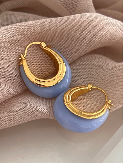 Creamy Denim Light Blue Oval Shaped Hoop Earrings 18k Gold Plated