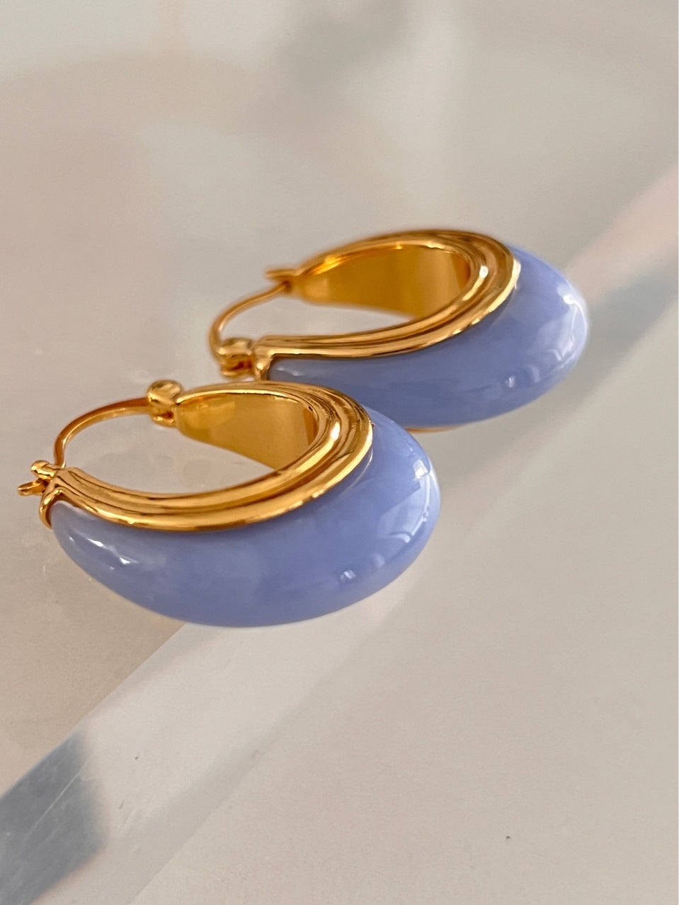 Creamy Denim Light Blue Oval Shaped Hoop Earrings 18k Gold Plated