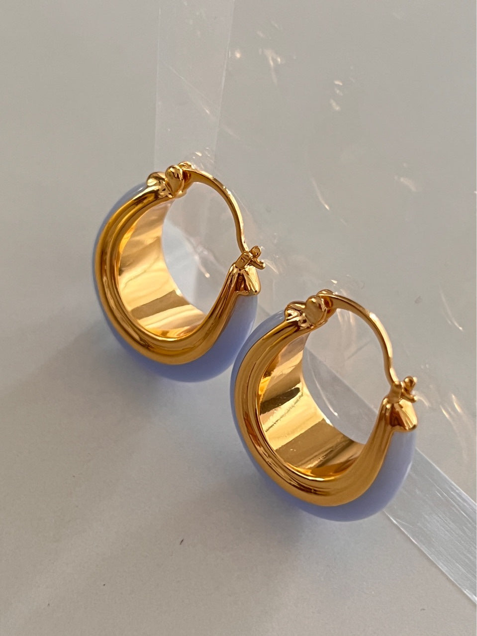 Creamy Denim Light Blue Oval Shaped Hoop Earrings 18k Gold Plated