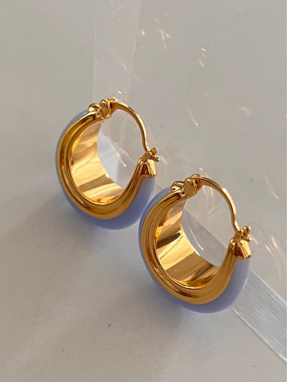 Creamy Denim Light Blue Oval Shaped Hoop Earrings 18k Gold Plated