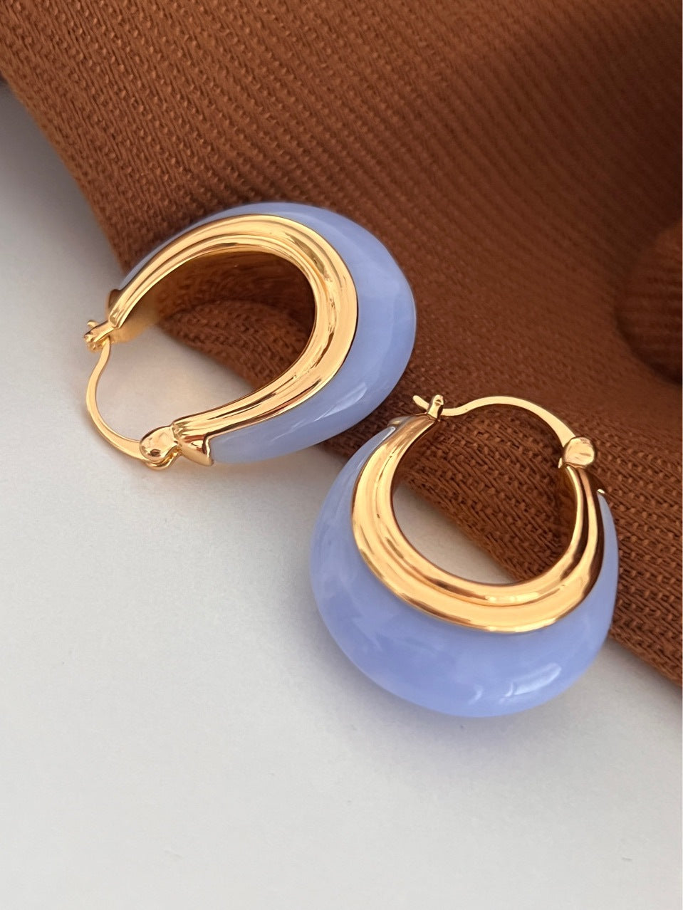 Creamy Denim Light Blue Oval Shaped Hoop Earrings 18k Gold Plated