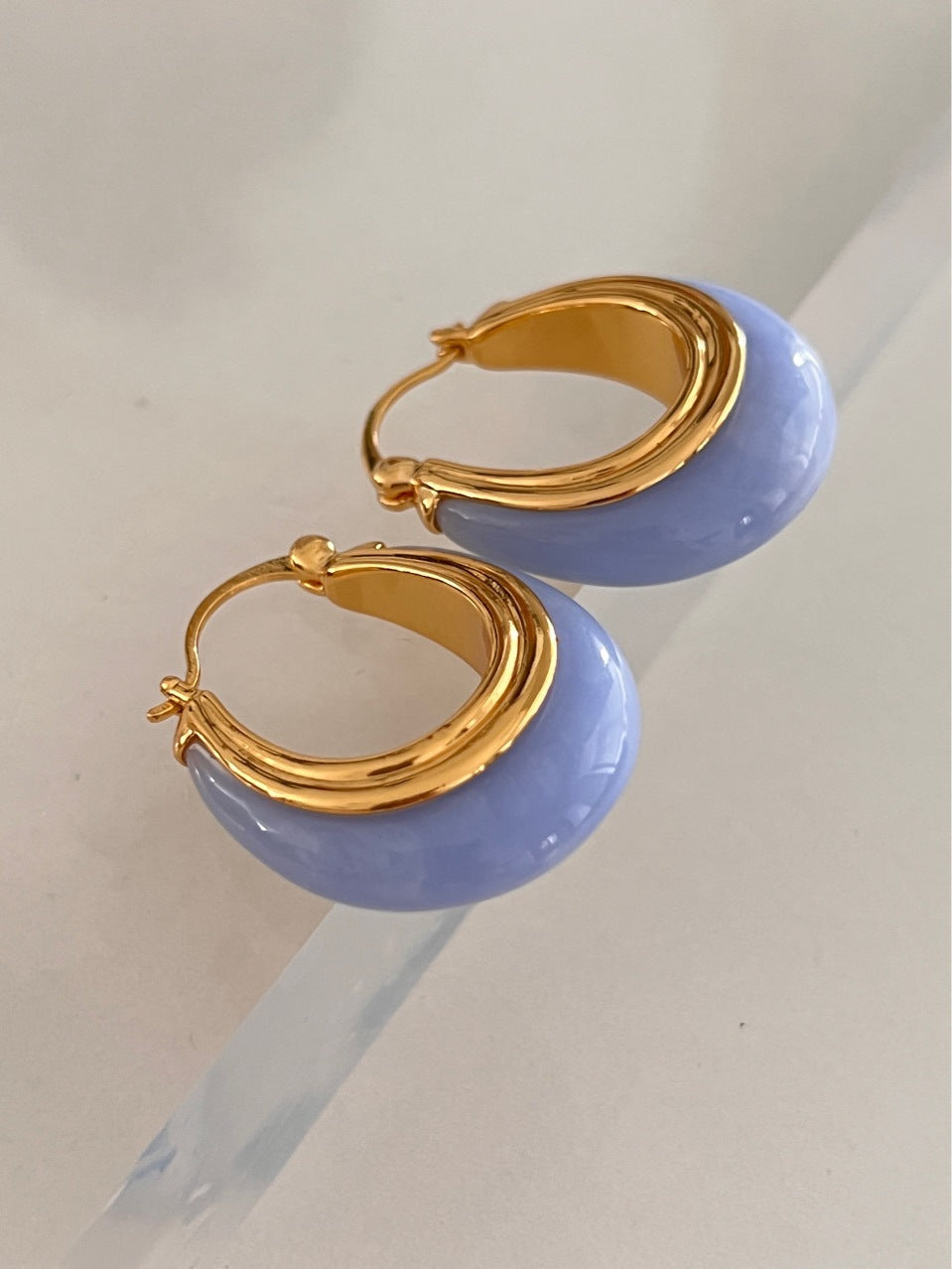 Creamy Denim Light Blue Oval Shaped Hoop Earrings 18k Gold Plated