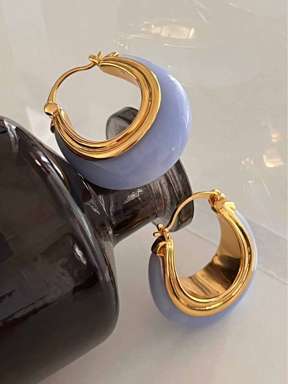Creamy Denim Light Blue Oval Shaped Hoop Earrings 18k Gold Plated
