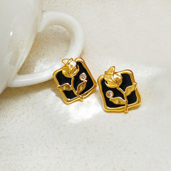 Black Rose Square Shaped Stud Earrings