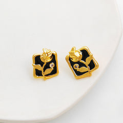 Black Rose Square Shaped Stud Earrings