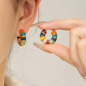 Small Colorful Enamel Hoop Earrings 18k Gold Plated