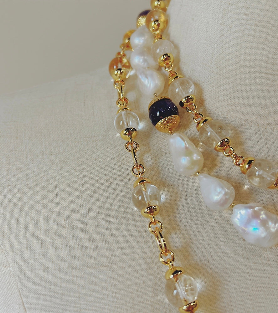 Handmade Natural Crystal Quartz/Marble Necklace 24ct Gold Plated