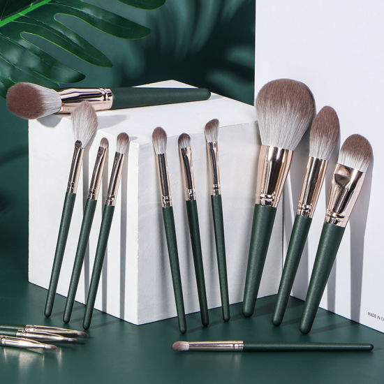 14 Pcs Dark Green Premium Cosmetic Makeup Brush Set